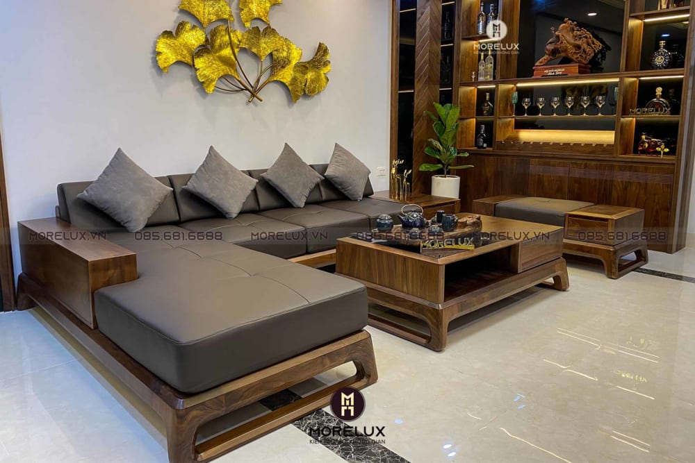 Sofa gỗ óc chó chữ L hiện đại cho chung cư