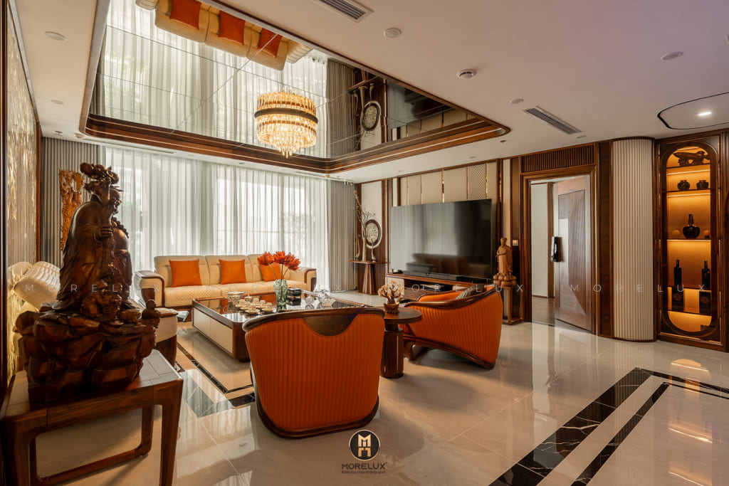 Phòng khách gỗ óc chó đẹp