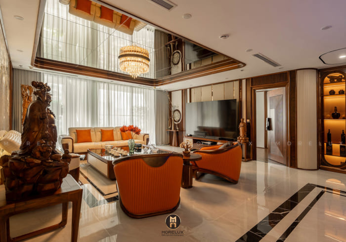 Phòng khách gỗ óc chó đẹp