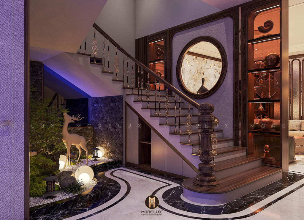 cầu thang gỗ óc chó sang trọng