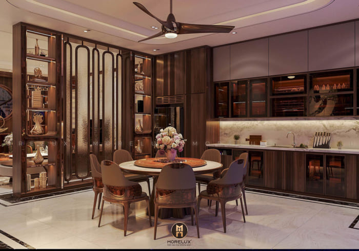 phòng bếp gỗ óc chó đẹp