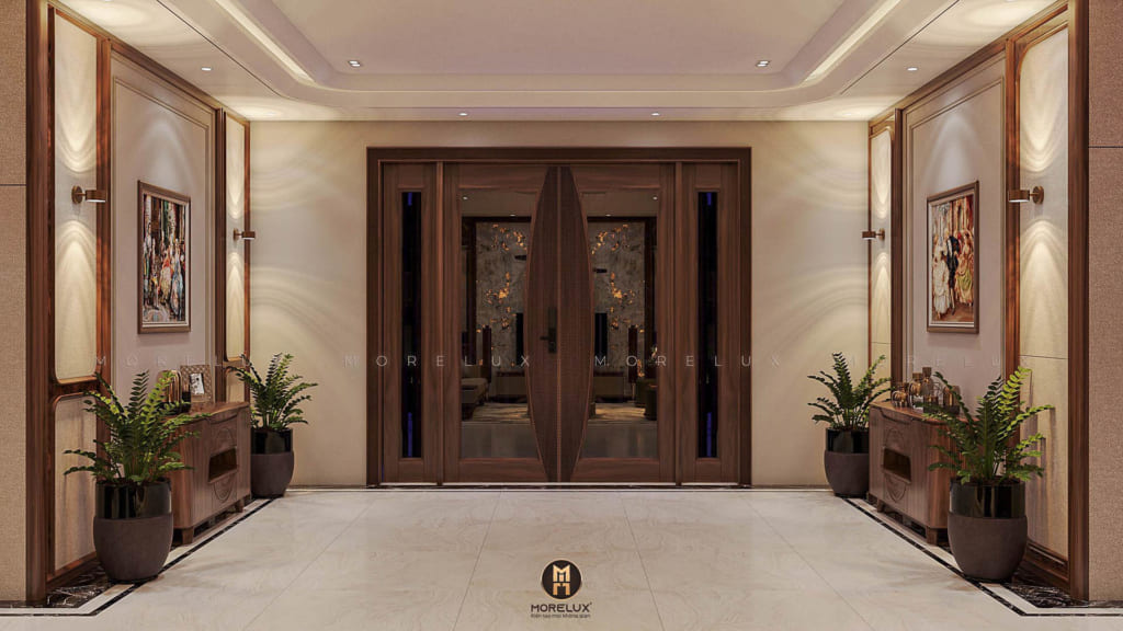 sảnh gỗ óc chó đẹp